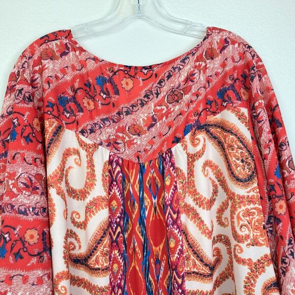 Suzanne Betro Weekend Tunic Top Size 2X Orange Blue Paisley Flutter Sleeve Artsy - Picture 4 of 5